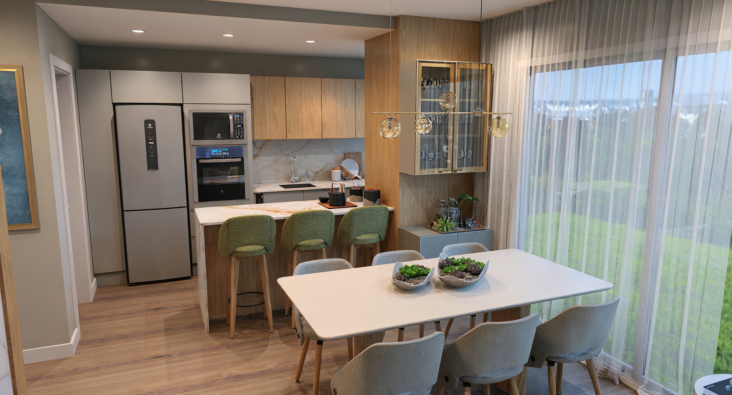 Sala de jantar e cozinha integradas